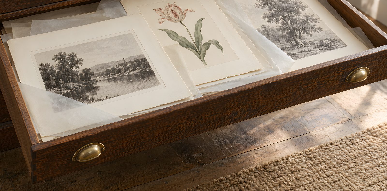 Offene Schublade eines alten Planschranks mit losen Blättern: eine Radierung einer Flusslandschaft mit Dorf, ein zart kolorierter Tulpenstich, eine Lithographie eines Baums, dazwischen Pergaminpapier.