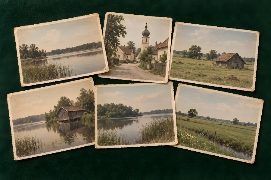 Alte Ansichtskarten und Photographien mit Büttenrand: ein See mit Schilf, eine Dorfstraße mit Zwiebelturm, Wiesen mit Heustadel und ein Bootshaus, aufgefächert auf grünem Filz.