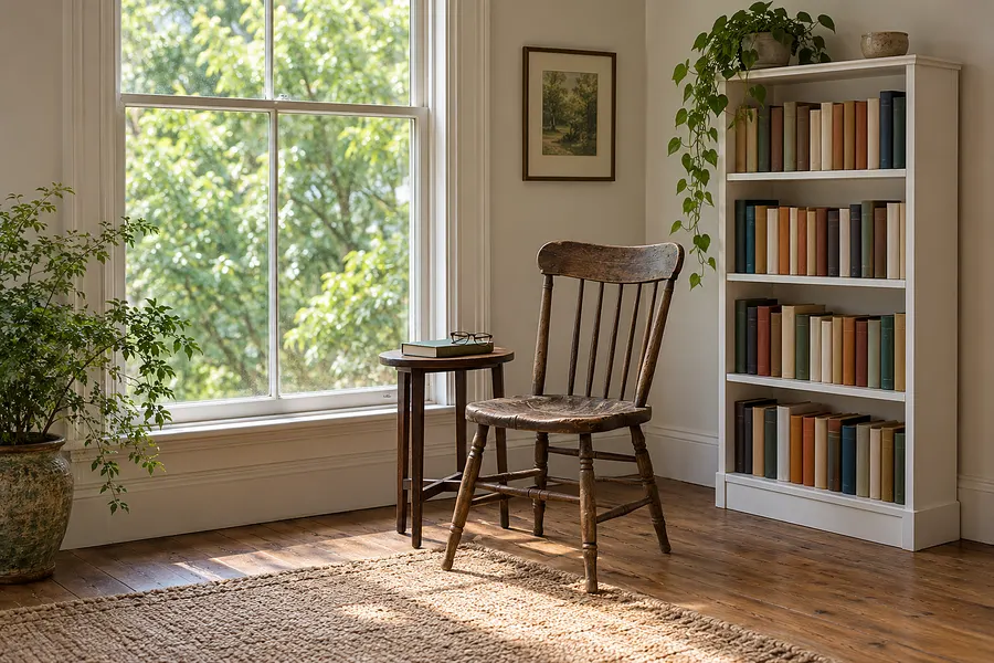 Ein alter Holzstuhl neben einem hohen Fenster, auf einem schmalen Tisch ein geschlossenes Buch und eine Lesebrille, rechts weiße Bücherregale.